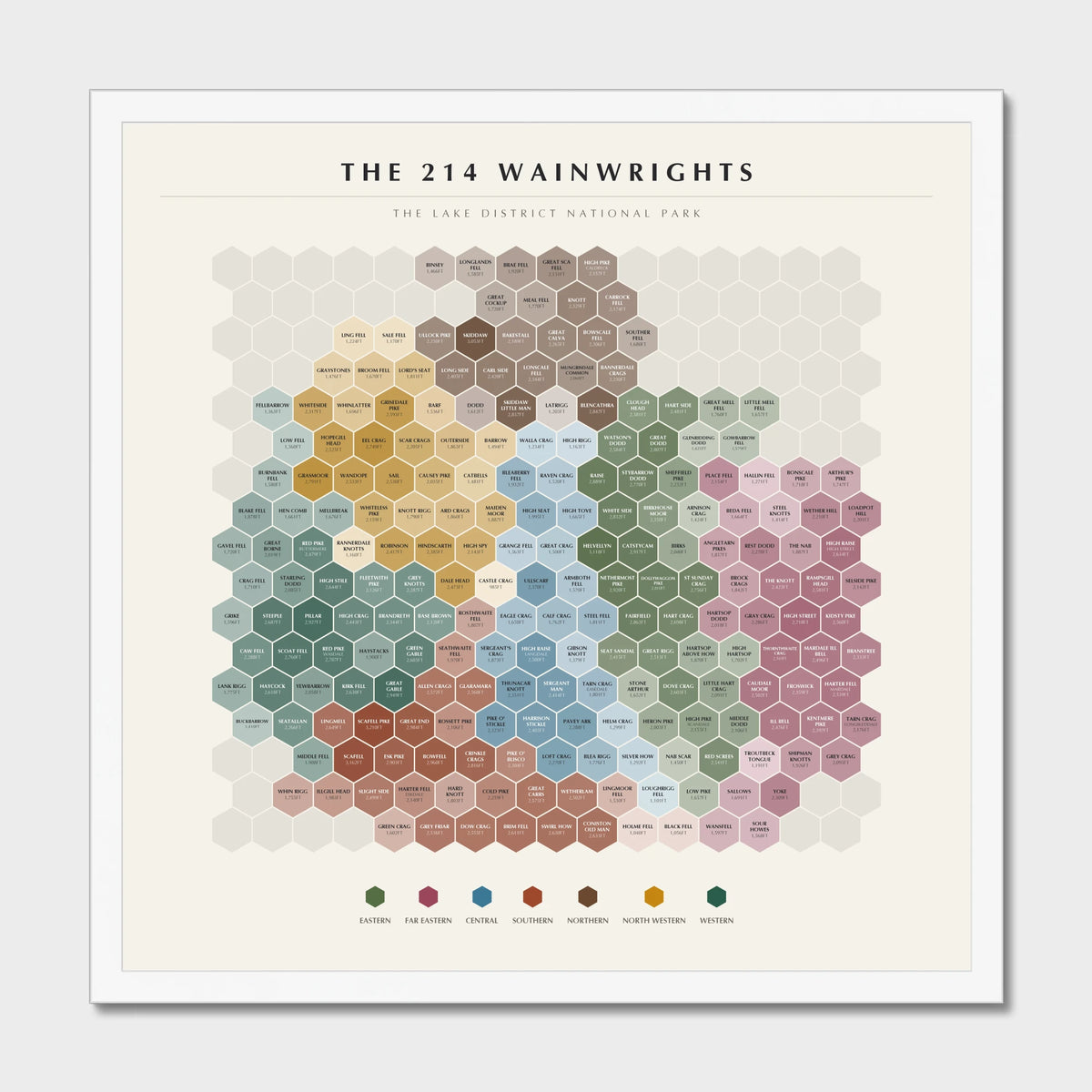 214 Wainwrights By Pictorial Guide hex map poster in a white frame — all 214 fells
