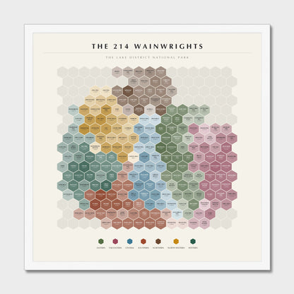 214 Wainwrights By Pictorial Guide hex map poster in a white frame — all 214 fells