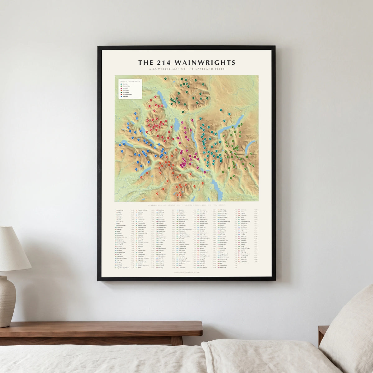 The 214 Wainwrights map poster in a black frame, hung on a wall