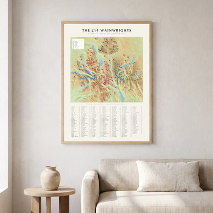 The 214 Wainwrights map poster in a natural frame, hung on a wall