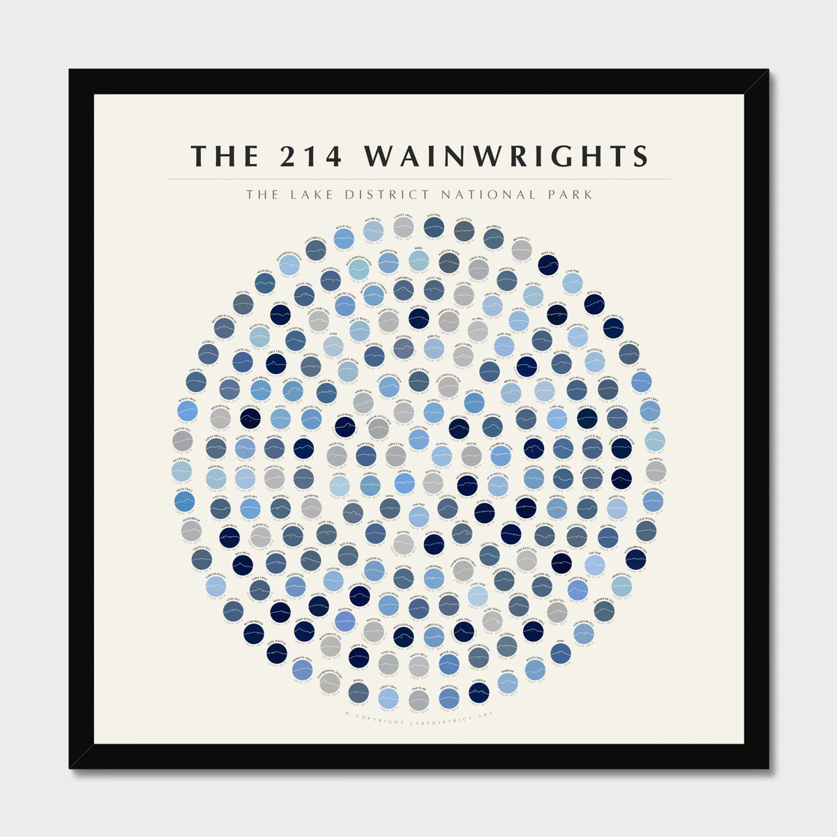 214 Wainwrights Line · Winter Ice rosette poster in a black frame — all 214 fells