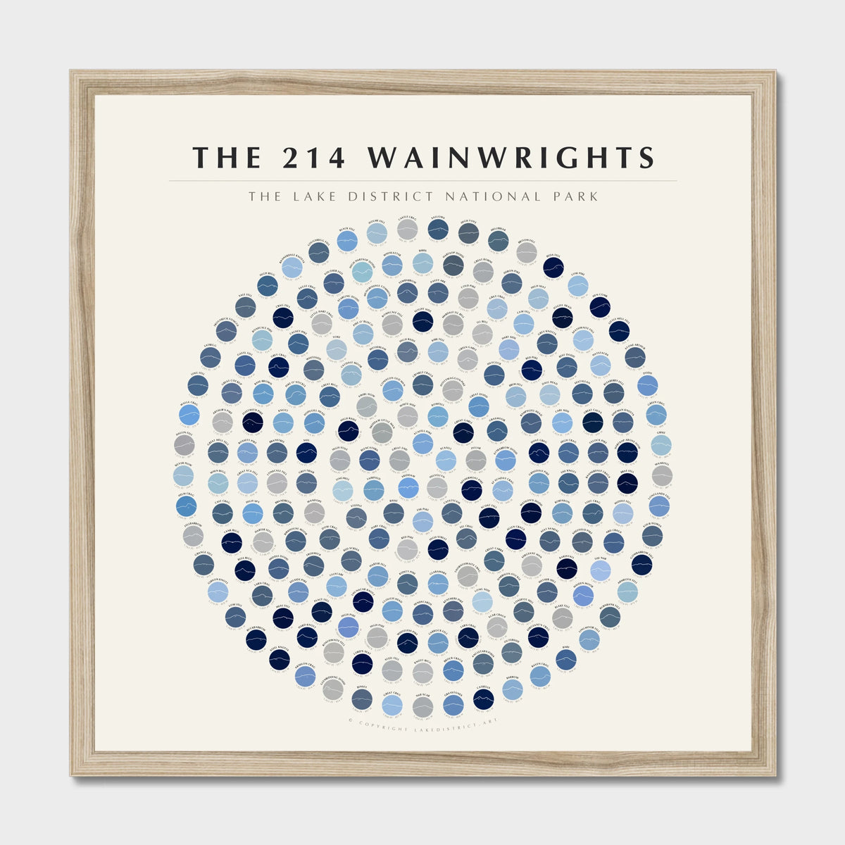 214 Wainwrights Line · Winter Ice rosette poster in a natural frame — all 214 fells