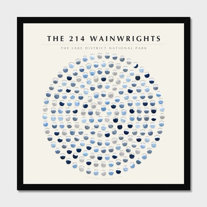 214 Wainwrights Solid · Winter Ice rosette poster in a black frame — all 214 fells