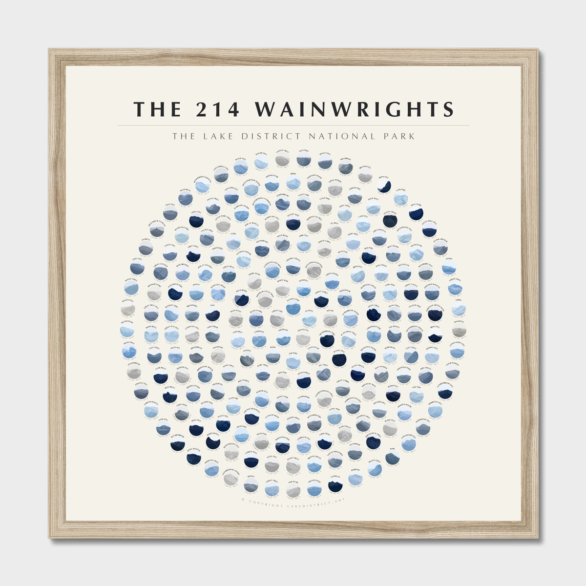 214 Wainwrights Solid · Winter Ice rosette poster in a natural frame — all 214 fells