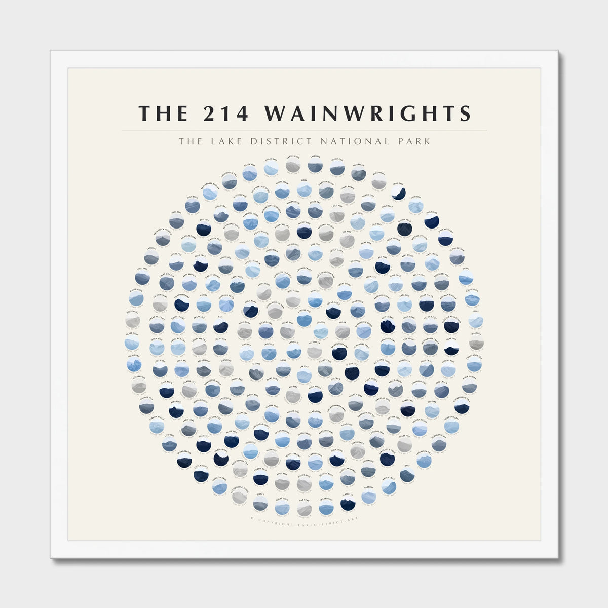 214 Wainwrights Solid · Winter Ice rosette poster in a white frame — all 214 fells