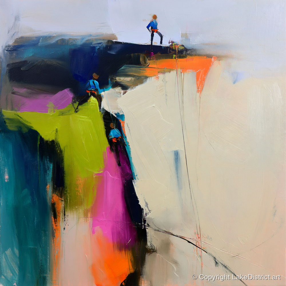 Abstract Climbers on a Crag - lake district walking art print and canvas by Warren Yates A.I