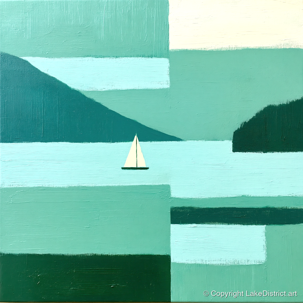 Abstract Derwentwater Sailboat - lake district lake art print and canvas by Sebastian Finch A.I
