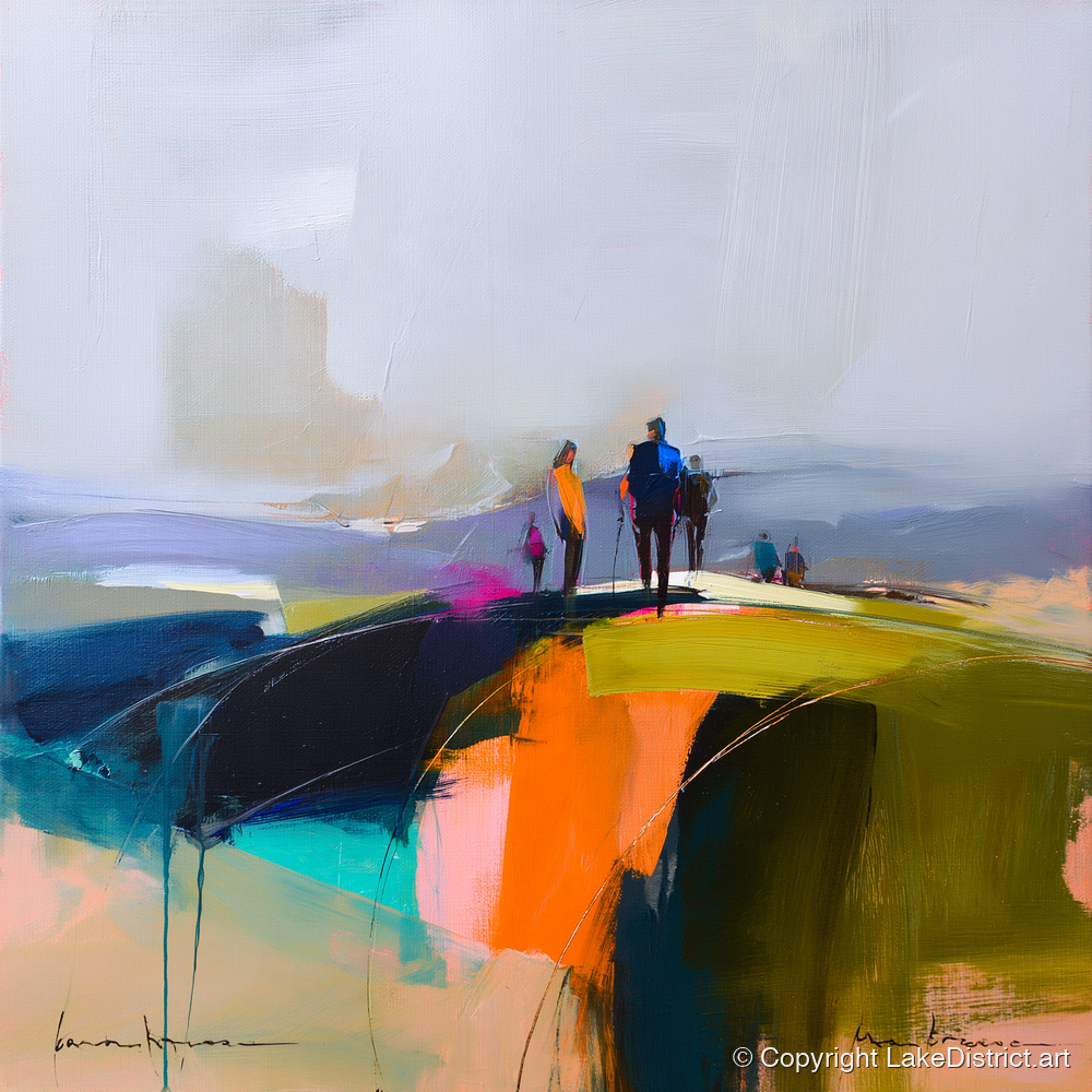 Abstract Fell Top Walkers - lake district fell art print and canvas by Warren Yates A.I