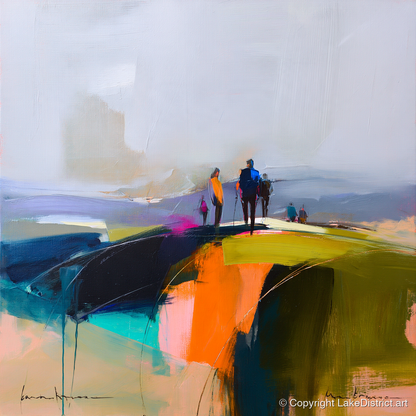Abstract Fell Top Walkers - lake district fell art print and canvas by Warren Yates A.I