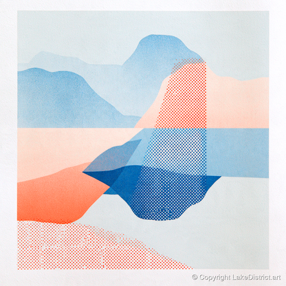 Abstract Grasmere in Coral and Cerulean - lake district lake art print and canvas by Elliot Reid A.I