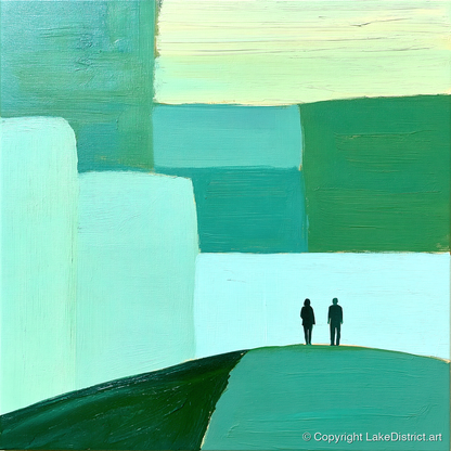 Abstract Green Fell Top Hikers - lake district fell art print and canvas by Sebastian Finch A.I