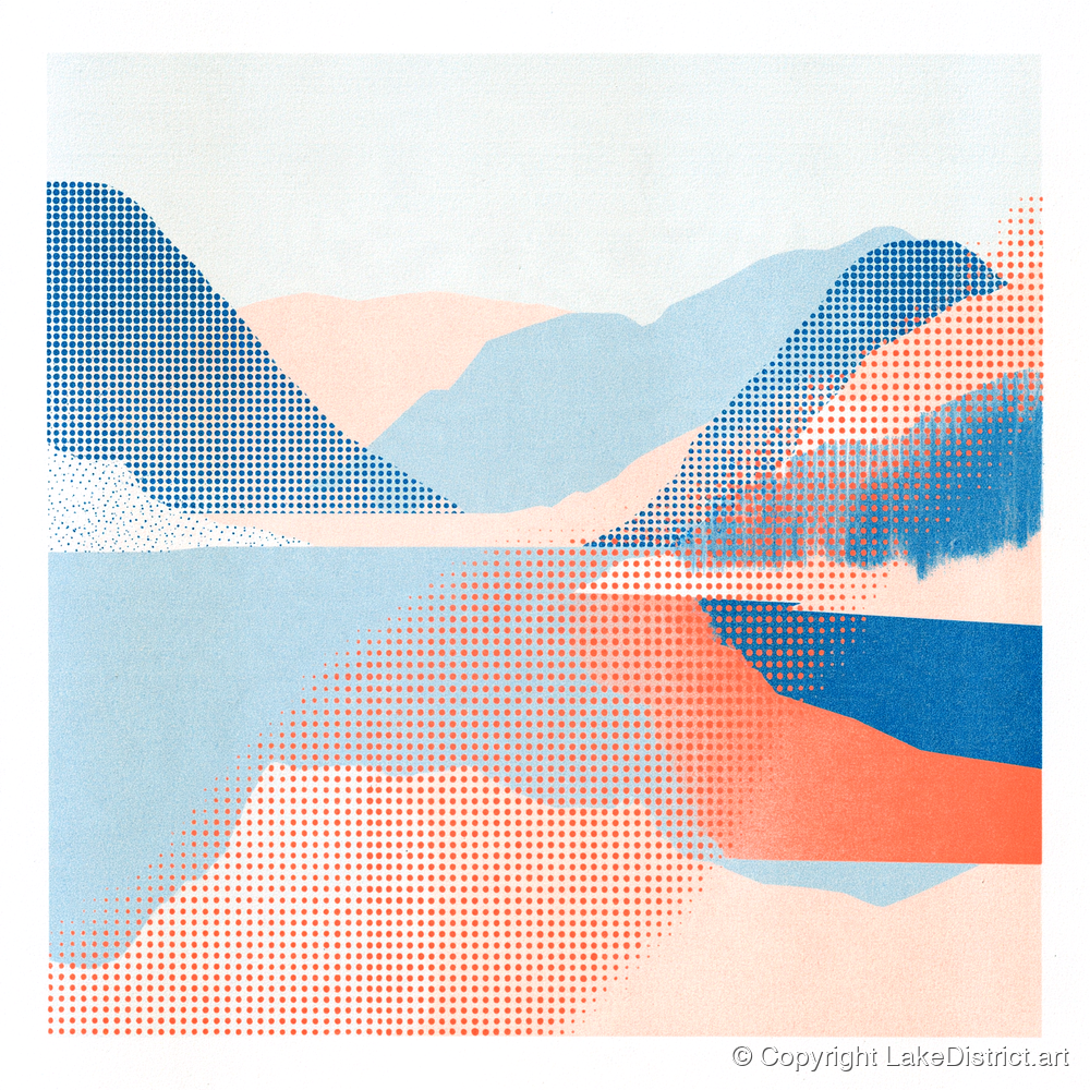 Abstract Halftone Buttermere Fells - lake district lake art print and canvas by Elliot Reid A.I