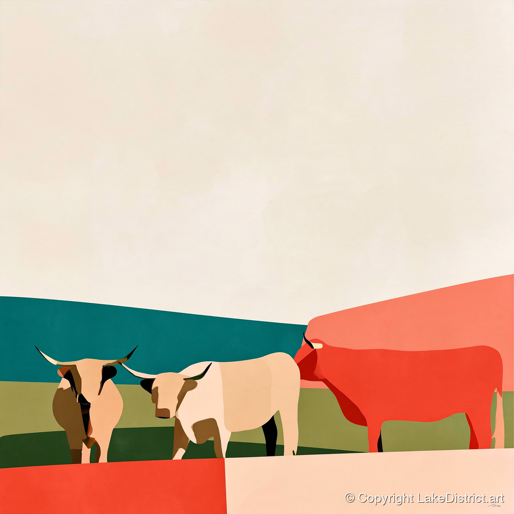 Abstract Highland Cattle and Fells - lake district wildlife art print and canvas by Malcolm Reed A.I