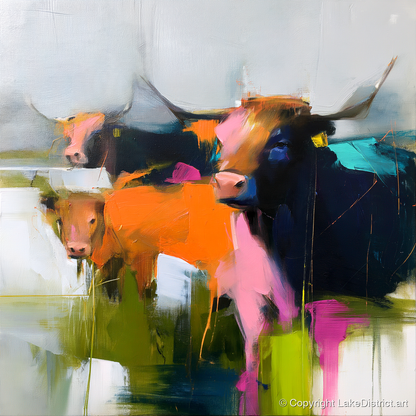 Abstract Highland Cattle Grazing - lake district wildlife art print and canvas by Warren Yates A.I