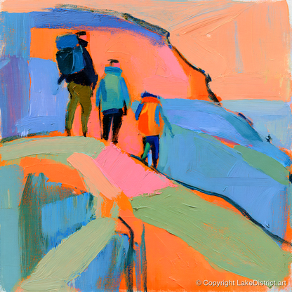 Abstract Hikers on a Fell - lake district fell art print and canvas by Simon Prescott A.I