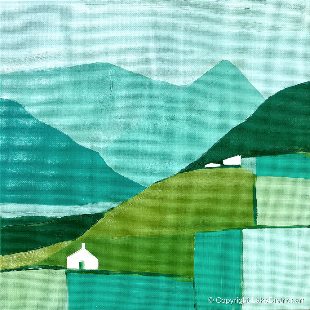 Abstract Keswick Fells in Green - lake district village art print and canvas by Sebastian Finch A.I