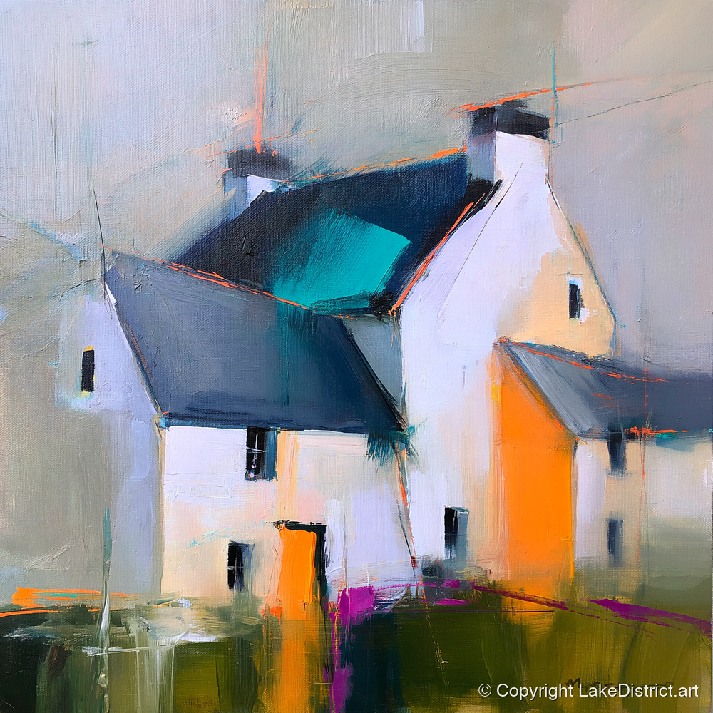 Abstract Lakeland Slate Cottages - lake district village art print and canvas by Warren Yates A.I