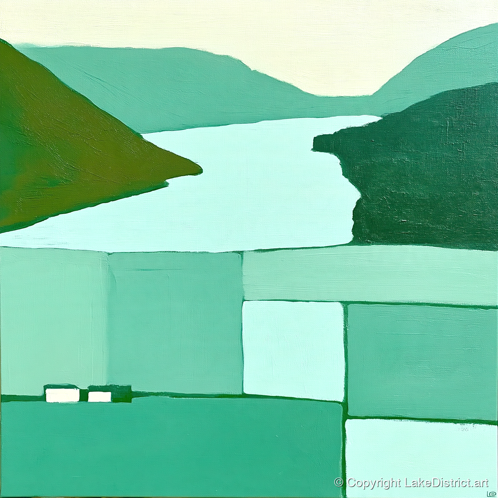 Abstract Loweswater In Mint Green - lake district lake art print and canvas by Sebastian Finch A.I