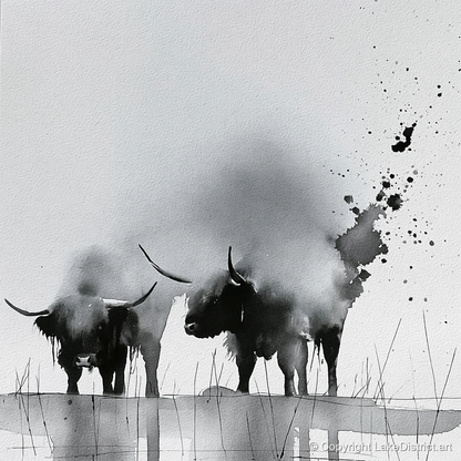 Abstract Monochrome Highland Cattle - lake district wildlife art print and canvas by Adrian Frost A.I