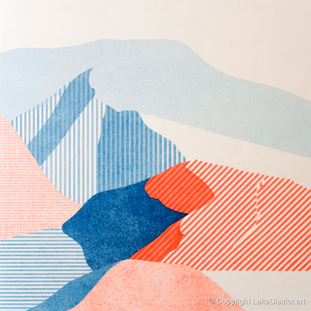 Abstract Skiddaw in Blue and Coral - lake district fell art print and canvas by Elliot Reid A.I