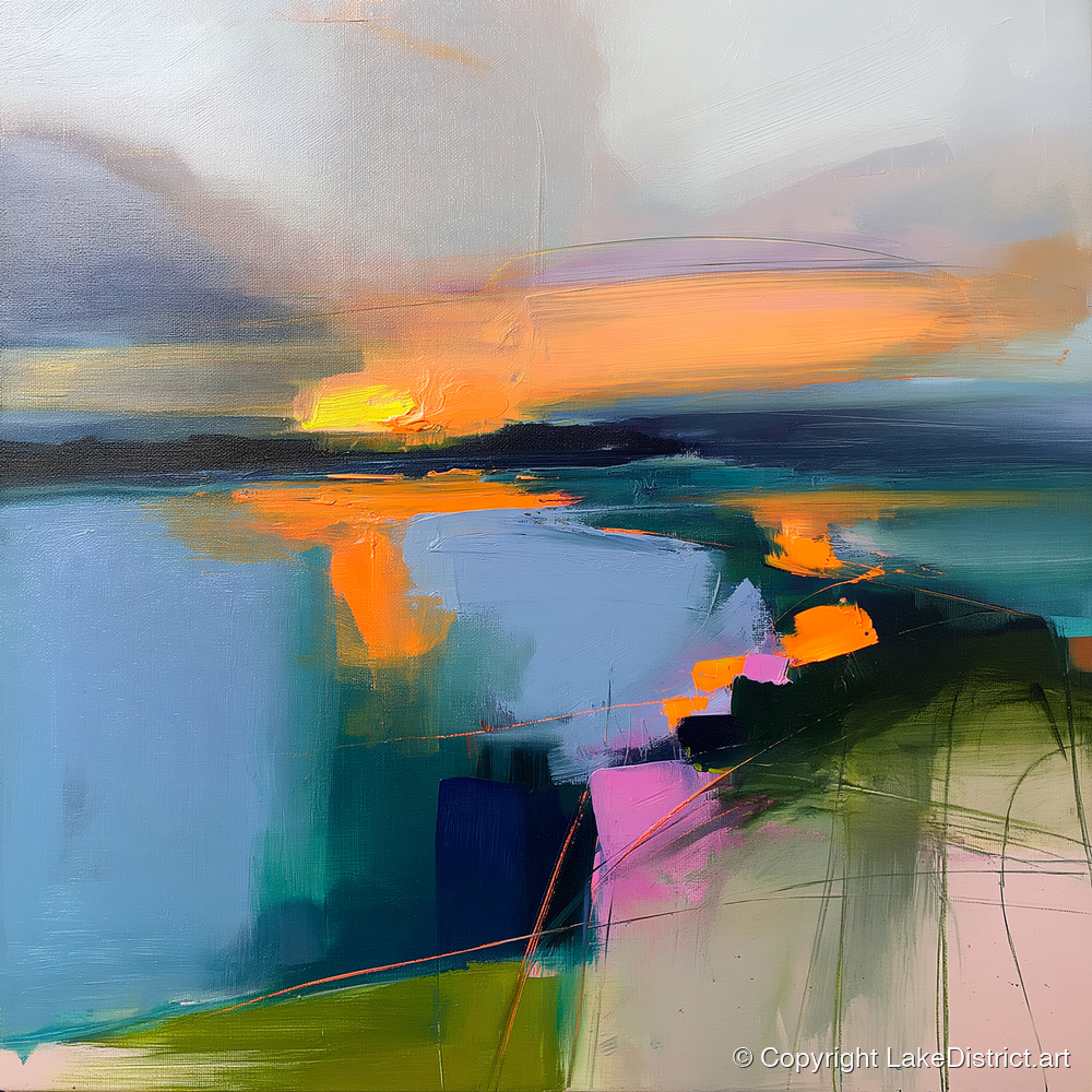 Abstract Sunset Over Lake Water - lake district lake art print and canvas by Warren Yates A.I
