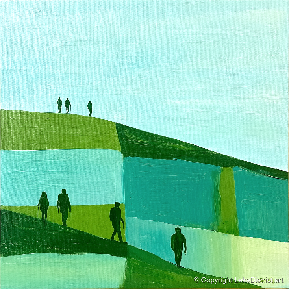 Abstract Teal Fell Walkers - lake district fell art print and canvas by Sebastian Finch A.I