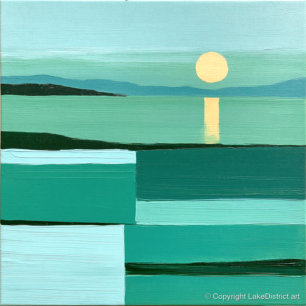Abstract Teal Lake Sunset - lake district lake art print and canvas by Sebastian Finch A.I