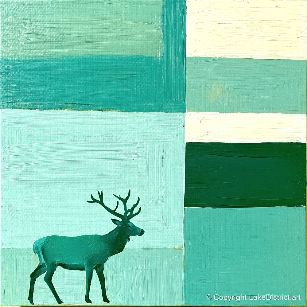 Abstract Teal Red Deer Stag - lake district wildlife art print and canvas by Sebastian Finch A.I