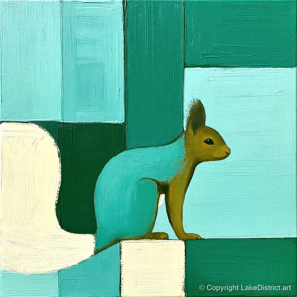 Abstract Teal Red Squirrel - lake district wildlife art print and canvas by Sebastian Finch A.I