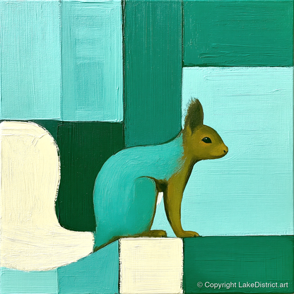 Abstract Teal Red Squirrel - lake district wildlife art print and canvas by Sebastian Finch A.I