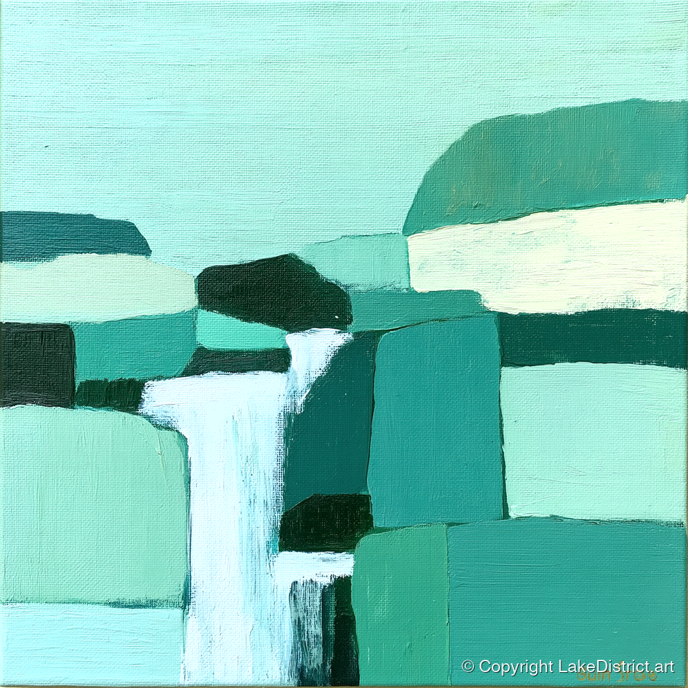 Abstract Teal Waterfall Over Rocks - lake district waterfall art print and canvas by Sebastian Finch A.I