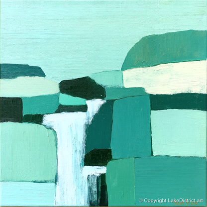 Abstract Teal Waterfall Over Rocks - lake district waterfall art print and canvas by Sebastian Finch A.I