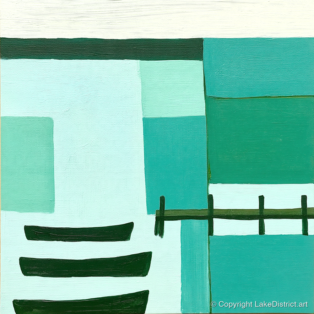 Abstract Teal Windermere Boats - lake district lake art print and canvas by Sebastian Finch A.I