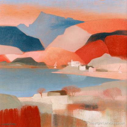 Abstract Terracotta Lake and Fells - lake district lake art print and canvas by Arthur Pendelton A.I
