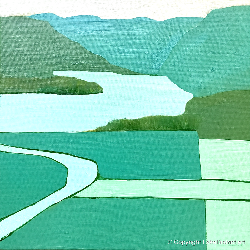 Aerial Elter Water in Teal - lake district lake art print and canvas by Sebastian Finch A.I
