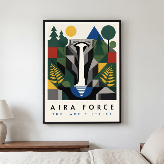 Aira Force travel poster in a black frame, hanging in a bedroom3