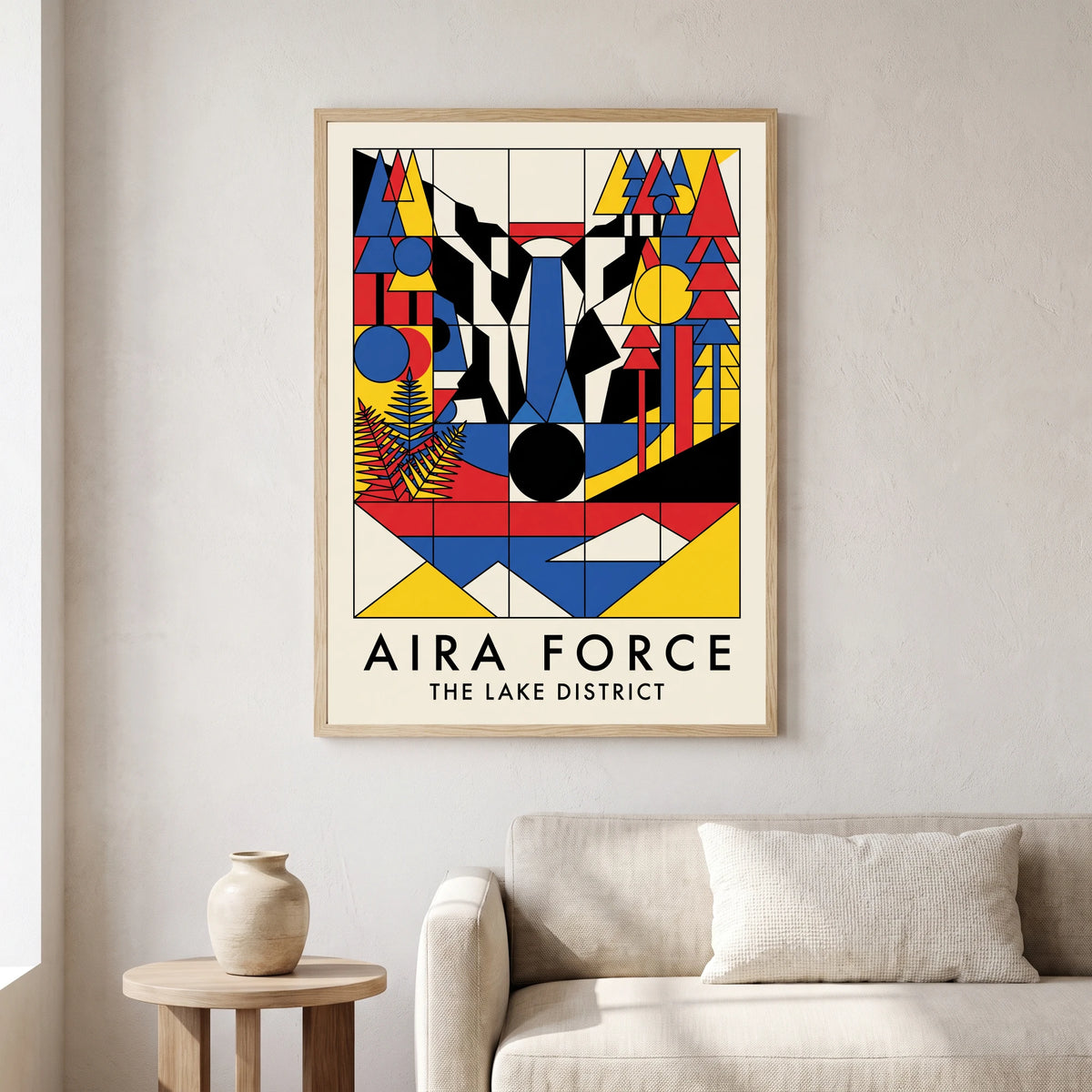 Aira Force travel poster in a natural frame, hanging in a living