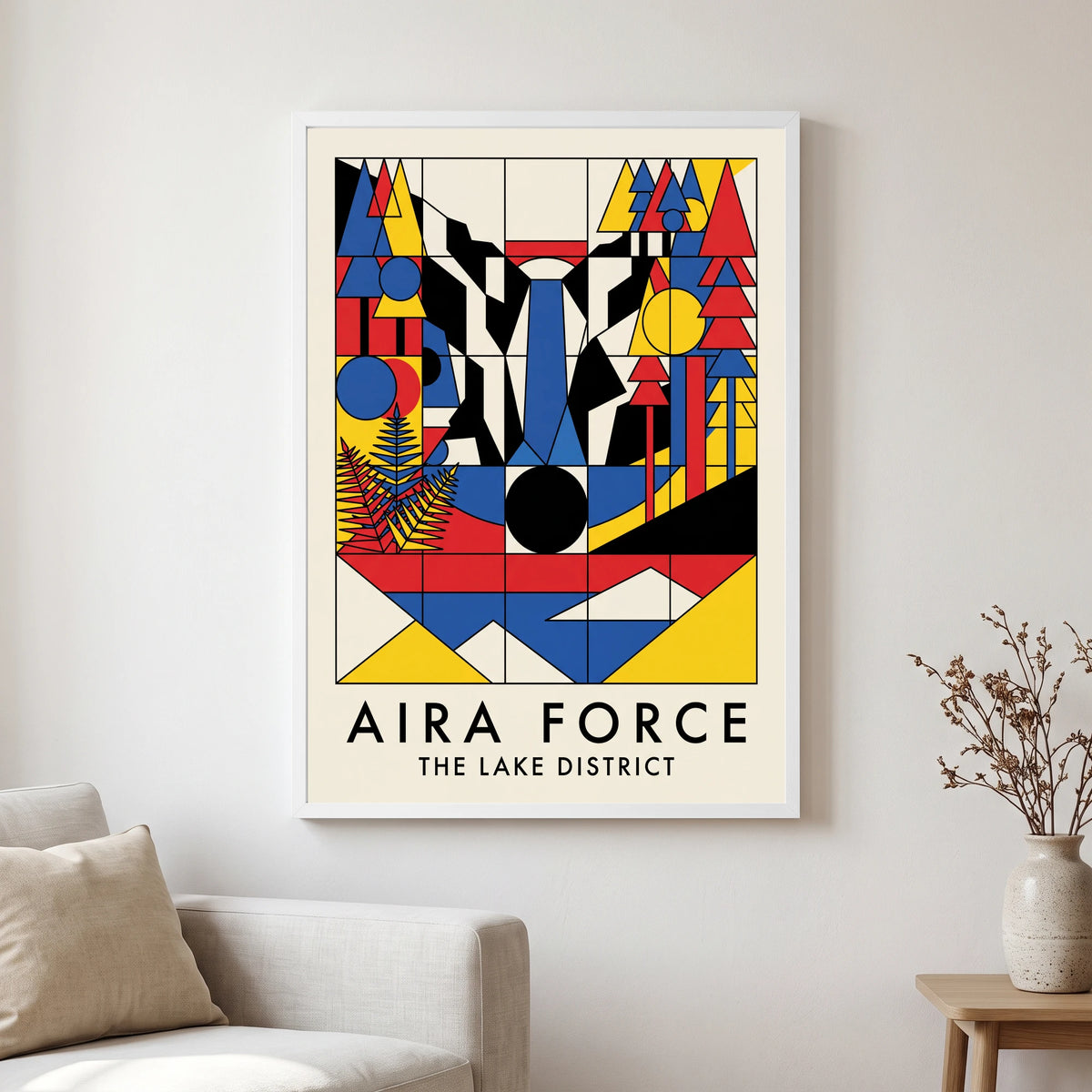 Aira Force travel poster in a white frame, hanging in a living2