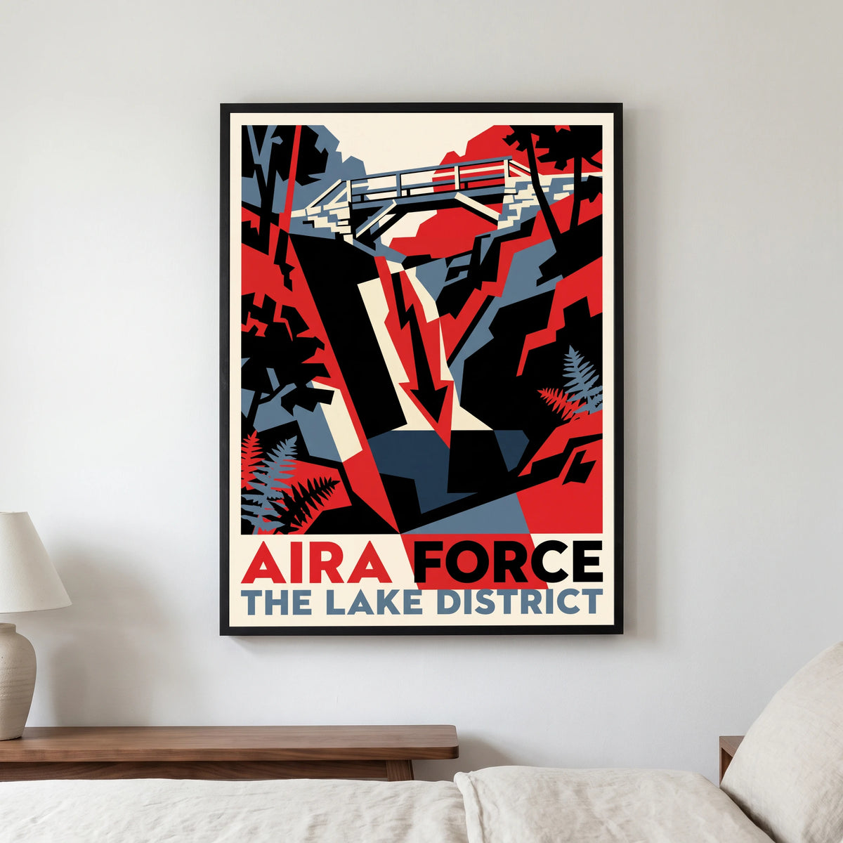 Aira Force travel poster in a black frame, hanging in a bedroom3