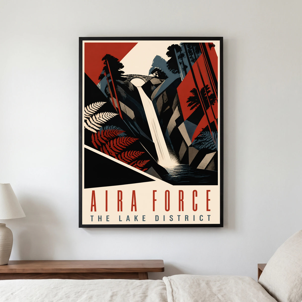 Aira Force travel poster in a black frame, hanging in a bedroom3