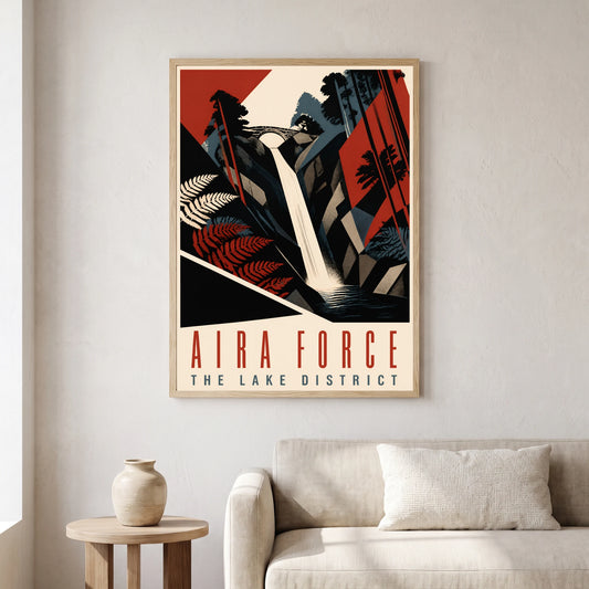 Aira Force travel poster in a natural frame, hanging in a living