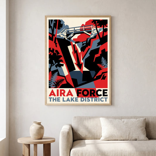 Aira Force travel poster in a natural frame, hanging in a living
