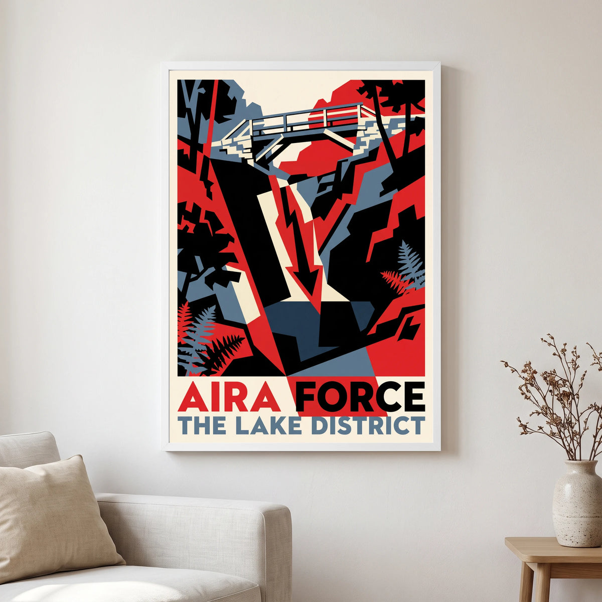 Aira Force travel poster in a white frame, hanging in a living2