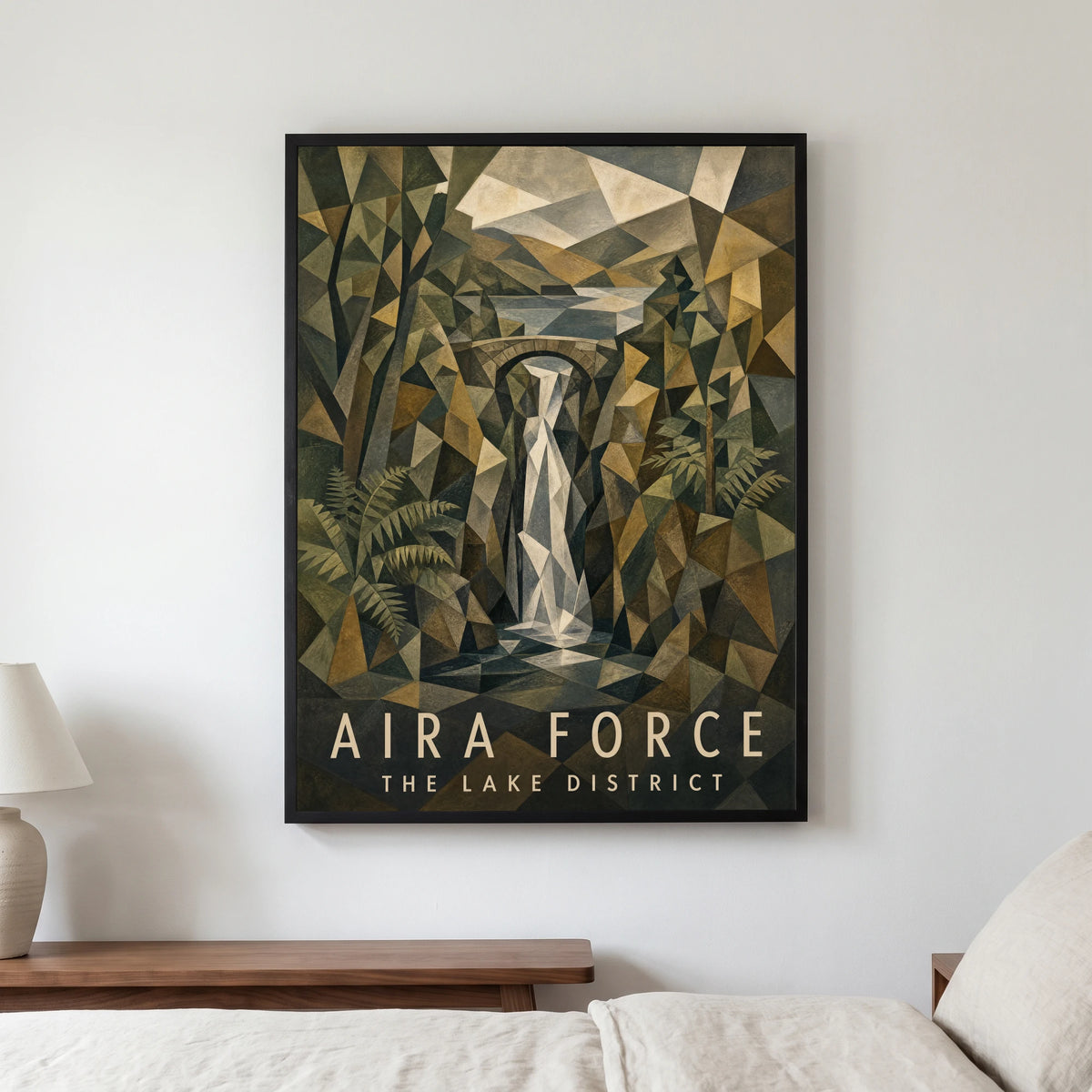 Aira Force travel poster in a black frame, hanging in a bedroom3