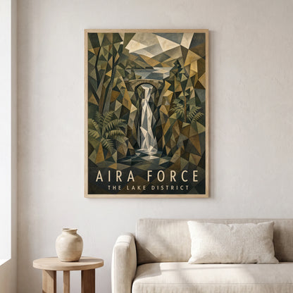 Aira Force travel poster in a natural frame, hanging in a living