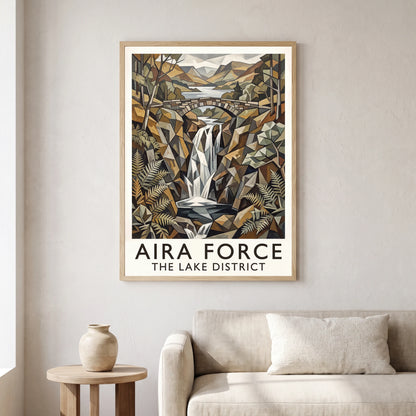 Aira Force travel poster in a natural frame, hanging in a living