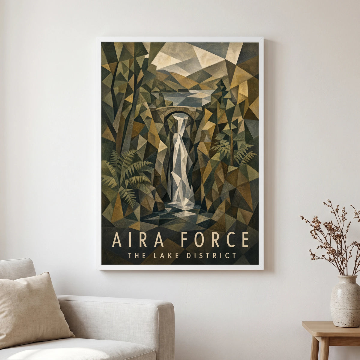 Aira Force travel poster in a white frame, hanging in a living2