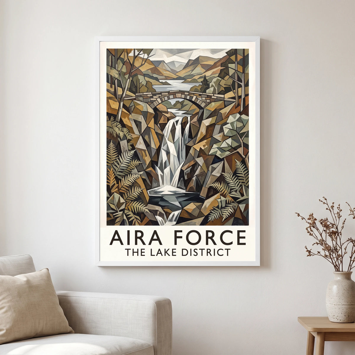 Aira Force travel poster in a white frame, hanging in a living2