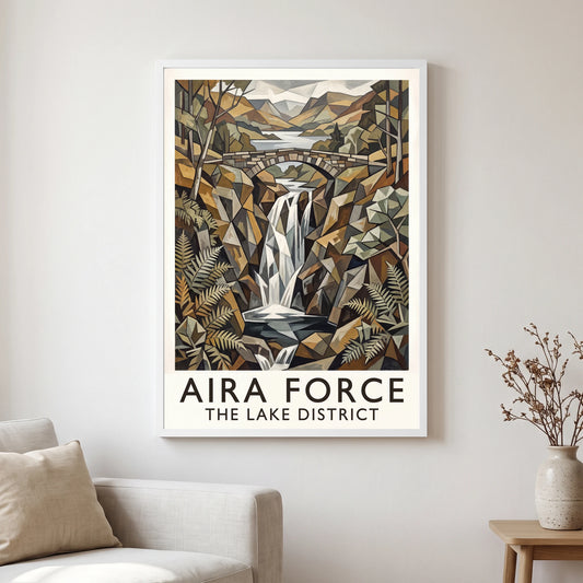 Aira Force travel poster in a white frame, hanging in a living2