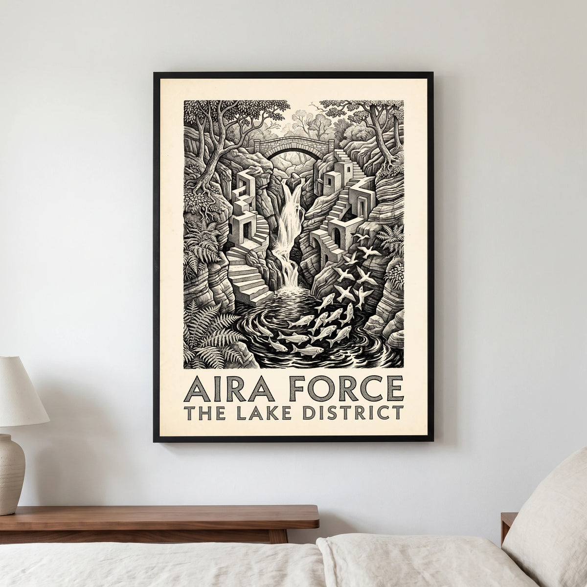 Aira Force travel poster in a black frame, hanging in a bedroom3